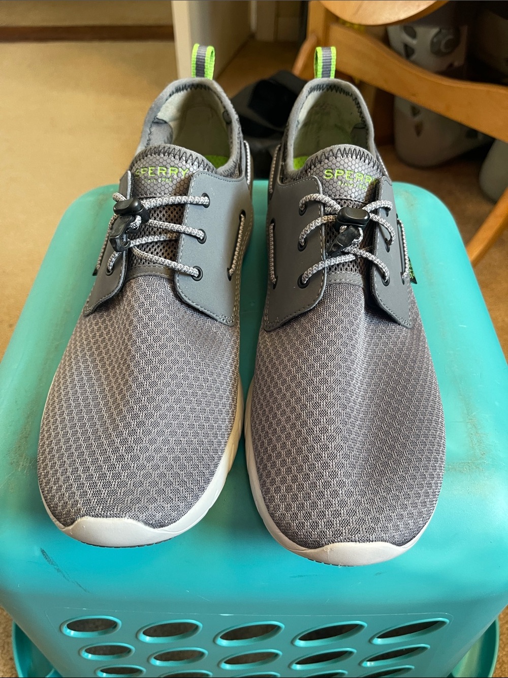 Sperry Gray Mesh Slip-On Sneakers with Neon Green Accents